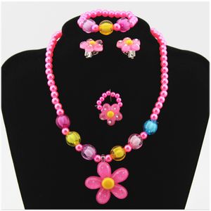 Cute Kids Flower Necklace Bracelet Rings Earrings Jewelry Set Imitation Pearls Beads Beaded Jewelry Children Girls Xmas Gifts