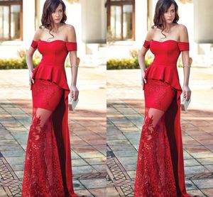 Red Off Shoulder Evening Dresses Sheath Peplum Prom Gowns With Lace Applique Floor-Length Custom Made Vestidos De Noiva Back Zipper 2018