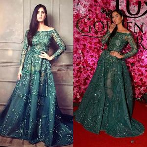 Ziad Nakad Green 2018 Prom Dresses Off The Ramię Długie Rękawy Zroszony Cekiny Suknie Wieczorowe Seksowna Illusion Party Dress