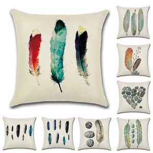 Hand Painting Feather&Stone Cushion Cover Linen Blend Home Office Sofa Square Pillow Case Decorative Pillowcases 45*45CM