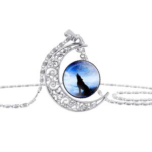 Totem Wolf Glass Cabochon Mond Zeit Edelstein Halskettenketten Silbertiermodels Mode Schmuck für Frauen Geschenke Drop Ship 5130