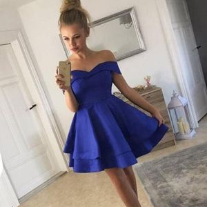 Vintage Royal Blue V neck Short Prom Party Dresses Cheap Off the shoulder A line Satin Backless Homecoming Cocktail Evening Dress Gowns