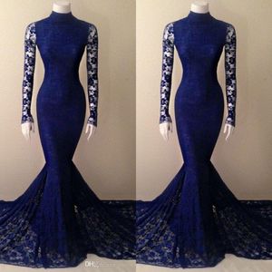 2018 Royal Blue Lace Mermaid Prom Dress High Neck Fishtail Court Train Sheer Long Sleeve Formal Evening Dresses