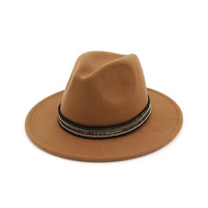 Unisex Wool Felt Jazz Women Panama Style Fedora Hats Gold Ribbon Decoration Wide Brim Formal Church Hat Gambler Trilby