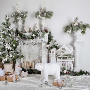 Indoor Fireplace Christmas Backdrops Printed Home Decoration Props Xmas Tree Silver Balls Toy Bear Kids Party Photo Background