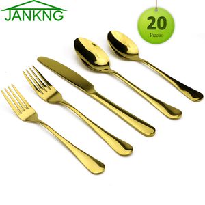 JANKNG 20-Piece Ouro Louça De Jantar De Casamento De Ouro Talheres De Viagem De Aço Inoxidável Talheres Garfo Faca Scoops Talheres para 4