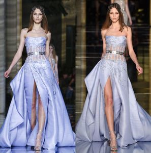 Zuhair Murad Sheer Prom Dresses Bez Ramiączek Dekolt High Side Split z Sash Lace Party Suknie wieczorowe