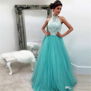 Skromne Turkusowe Prom Dresses Długi Wysokowy Neck Appliqued Tulle A-Line Formalne Kobiety Suknie Wieczorowe Custom Made Vestidos de Festa