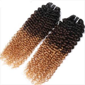 Brazilian Human Virgin Hair Weft Ombre 1b/4/27 Brown Blonde Kinky Curly Weaves Double Drawn 100g One Bundle