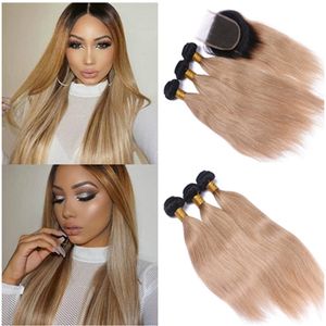 Straight 1B/27 Dark Rooted Honey Blonde Ombre Virgin Brazilian Human Hair Weaves 3 Bundle Deals with Lace Closure 4x4 Ombre Hair Extensions