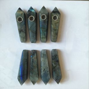 Healing Labradorite Crystal Mineral Rock Stone Pipe, Pipa cerimoniale religiosa di tabacco, Bacchetta magica a punta di freccia Pipa di fumo di pietra di luna grigia naturale