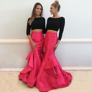 Dwa kawałek Syrenki Prom Dresses Bateau Neck 3/4 Długie Rękawy Zroszony Satin Różowy Czarny Mermaid Homecoming Dresses Sukienka Graduation