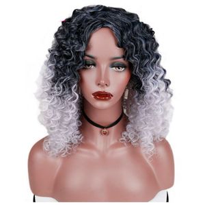 Nessuna parrucche anteriori in pizzo cosplay o feste da giorno media lunghezza 1B # grigio / viola parrucca afro riccia Ombre parrucche sintetiche resistenti al calore per le donne