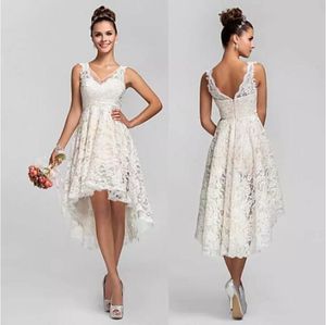 2020 Krótkie Koronkowe Suknie Ślubne Wysokie Niski Gorący Dostosowany Uroczy Plażowy Ogród Ivory Suknie Ślubne z V Neck Bez Backless Dress Line Wedding Dress