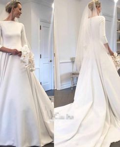 Simple Style Satin Wedding Dresses White Bride Ball 3/4 Long Sleeve Covered Button Country Style Plus Size Vestido de novia Bridal Gown