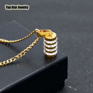 Stainless Steel Cylindrical Bullet Ceramic Clay Rhinestones Pendant Necklace For Men Womens Hip Hip Rap Rock Nightclub Crystal Accessory