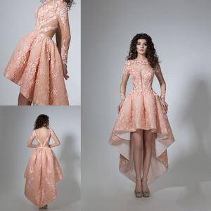 Mais recente Oi Lo Curto Prom Vestido Sheer Jewel Neck Manga Longa 3D Floral Apliques Elegantes Vestidos de Noite