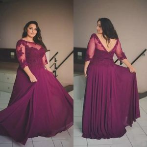 Elegant Plus Size Formal Dresses with Sleeves Scoop Neck A Line Floor Length Wine Red Lace and Chiffon 2019 Plus Size Prom Dresses