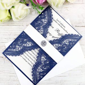 New Navy Blue Laser Cut Invitations Cards With Crystal For Wedding Bridal Shower Engagement Birthday Graduation Invite