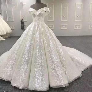 Sparkly Luxury Wedding Dresses Off Shoulder A-Line Sequined Bridal Clows Back Lace-Up Sweep Train Custom Made Nivda Wedding Dress184G