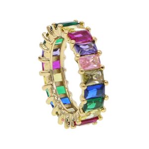 anel de banda cz de noivado baguete banda de eternidade cz arco-íris colorido zircônia elegância moda de luxo joias de cor dourada para mulheres