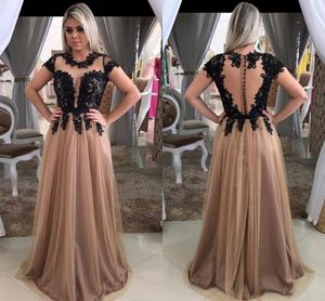 Czarny Brązowy Koronki Tulle Suknie Wieczorowe Sheer Neck Aplikacje Długość podłogi Prom Dresses Illusion Powrót Eleganckie wieczorowe suknie