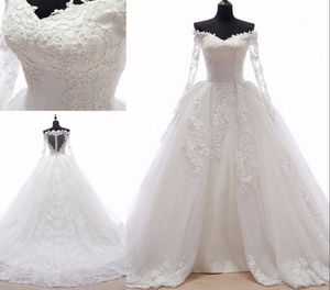 Gorgeous Ball Gown Wedding Dress Lace V Neck Avtagbar Tåg Illusion Långärmad Applique Court Tåg Plus Storlek Bröllop Bröllopsklänning