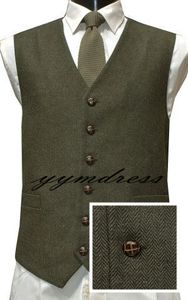 2019 Vintage Dark Green Tweed Wedding Groom Vests Wool Herringbone Groomsmen Vests Men's Suit Vests Slim Fit Men's Dress Vest Waistcoat