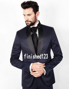 Custom Design One Button Navy Blue Wedding Groom Tuxedos Shawl Lapel Groomsmen Mens Dinner Blazer Passar (Jacka + Byxor + Vest + Tie) No: 1532