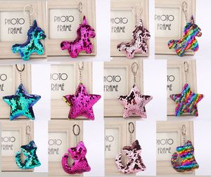 36pcs Star Unicorn Cat Keychain Glitter Pompom Sequins Kadınlar için Anahtar Zincir Hediyeler Llaveros Mujer Araba Çanta Aksesuarları Anahtar Yüzük