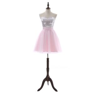 Abiti da festa rosa a-line Mini tulle a maniche corte Abiti da ballo taglie forti Paillettes Abiti da cocktail eleganti con fiocco senza schienale DH378