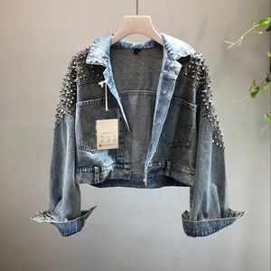 Kvinnors rockar jackor ytterkläder med nit denim jean toppar europeiska 2023 hösten ny kvinnlig nagel kort tvätt jeans jacka flicka mode