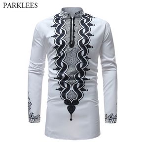 Men's African Printed White Dashiki Shirt 2018  New Slim Fit Mandarin Collar Dress Shirts Men Long Sleeve African Clothing