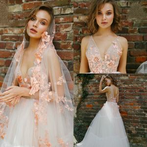 Summer Illusion Wedding Dress Lace Appliques V Neck Tulle Backless Bridal Gowns With Matched Veil Custom Made