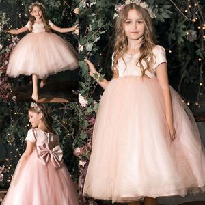 2019 прекрасный цветок девушки платья для свадьбы тюль V декольте с коротким рукавом чай длина партии бальное платье дети партия день рождения платья