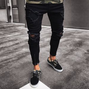 Schwarze Jeans der coolen Designermarke für Herren, Röhrenjeans, zerrissen, zerstört, Stretch, schmale Passform, Hopfenhose mit Löchern für Herren