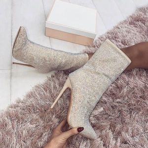 Sparkly Dżetów Designer Women Boots 11 cm Stiletto Obcasy Spiczaste Buty Średniej Calf Boot Zroszony Plus Size Wedding Bottes