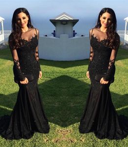 Black Plus Size Wedding Sexy Arabic Illusion Lace Appliques Crystal Beaded Mermaid Long Sleeves Formal Evening Gowns HY380