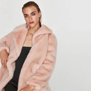 冬の女性の偽の毛皮のコート長袖フェイクの毛皮のジャケットプラスサイズの女性ピンクコートマントーフロリーフェムミ3xl