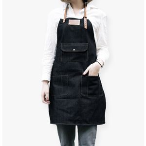 Blaue schwarze Jeansschürze mit Lederband, Friseur, Florist, Arbeitskleidung, Kellnerin, Barista, Bar, Bäckerei, Café, Koch, Catering, Uniform K1G