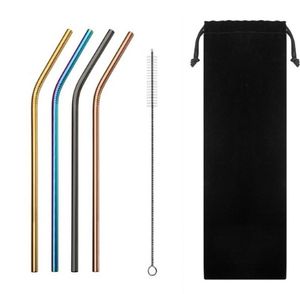 50sets/lot 4pcs 6*215mm Stainless Steel Drinking Straw Colorful Reusable Straw with cleaner Brush & pouch For Juicy Party tool