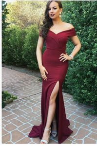 Off Shoulder Burgundy Evening Dresses Sexy Side Split Elastic Satin Long Prom Dress Zipper Back Sweep Train Cheap