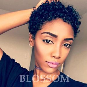 Human Hair Capless Wigs Human Hair Afro Kinky Curly Pixie Cut For Black Women Natural Black Short Machine Made Wig for black Women's