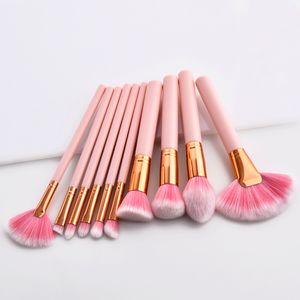 Brand New 10 pcs pincéis de Maquiagem conjunto cor de madeira rosa lidar com cabelo sintético de alta qualidade DHL Livre escovas de cosméticos