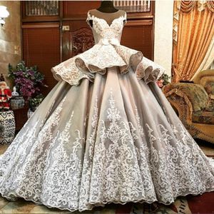 Luxury Wedding Dresses 2019 Sheer Neck Cap Sleeve Lace Appliques Bridal Gowns Peplum Ball Gown Satin Wedding Vestidos Custom Made