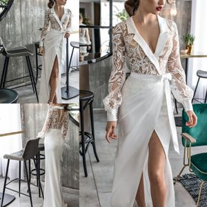 Wholesale side slit sleeve resale online - Riki Dalal Wedding Dresses Illusion Bodice Lace Applique Long Sleeve Front Split Cheap Wedding Dress Bridal Gowns