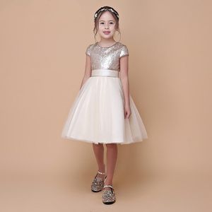 Real Sample High Quality Flower Girls Dresses Sparkly Gold Sequins Kids Knee Length Formal Wedding Party Gowns Sleeveless Open Back Bow Sash on Sale