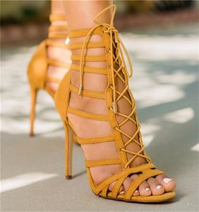 Open Quality Women Suede Fashion Leather Straps High Gladiator Lace up Thin Heel Sandals Dress Shoes