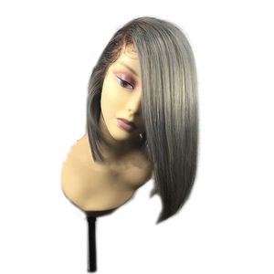 Ombre Black To Silver Grey Wig side part Bob Wig Synthetic Lace Front Wig Heat Resistant Hair Short Wigs For Women