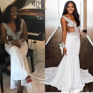 Silver And White Prom Dresses South Afrincan Mermaid Evening Gowns Sheer Long Sleeves See Through Top Beaded Formal Party Dress